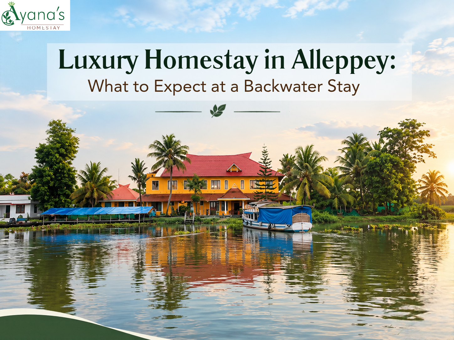 Luxury homestay in Alleppey with backwater view, red-roofed house and boat at Ayana's Homestay